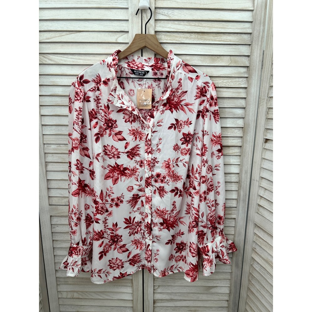 NWT BloomChic Floral Blouse 22-24 3X White Red Plus Size Ruffle Long Sleeve